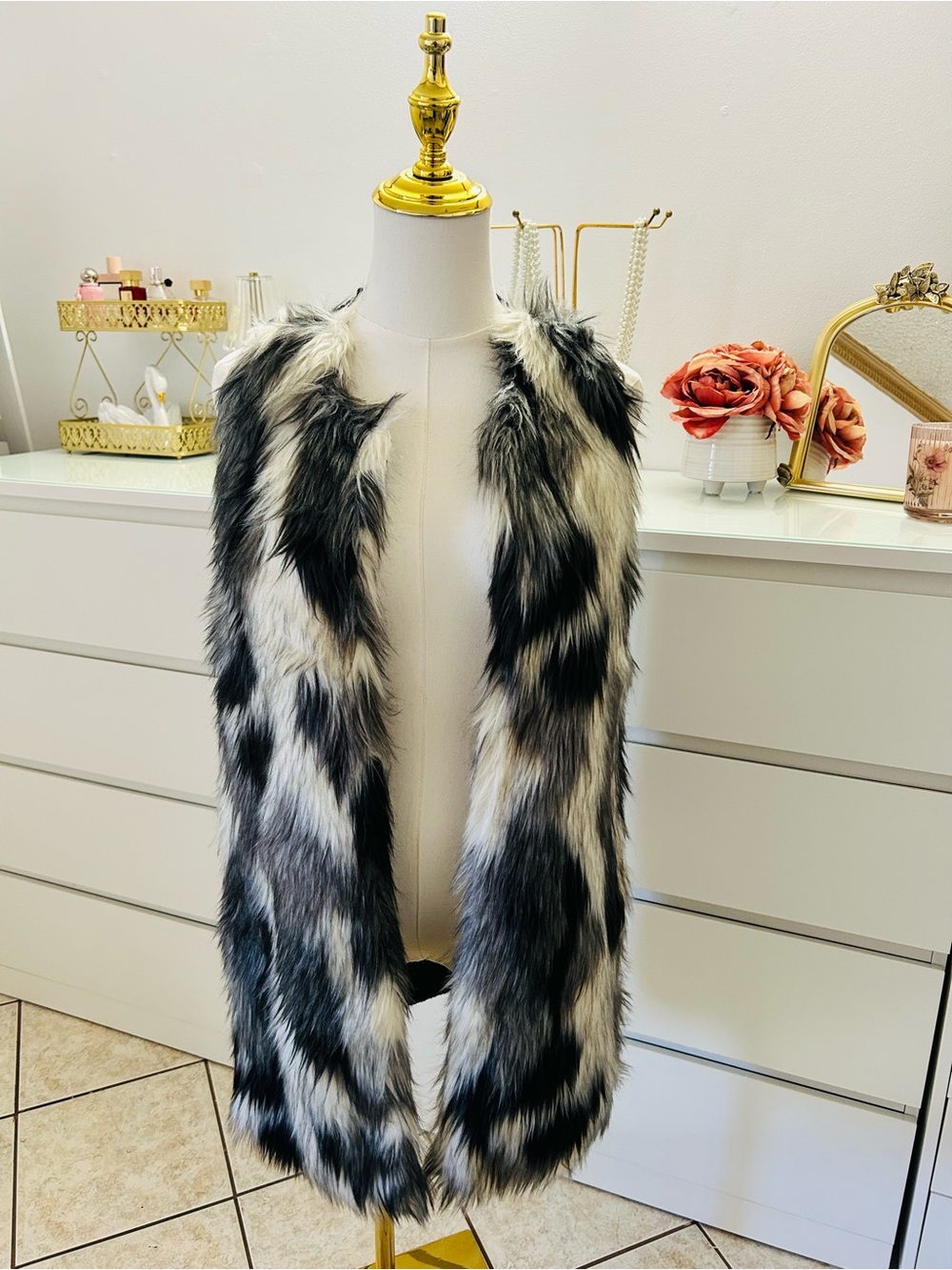 Black and White Faux Fur Long Vest